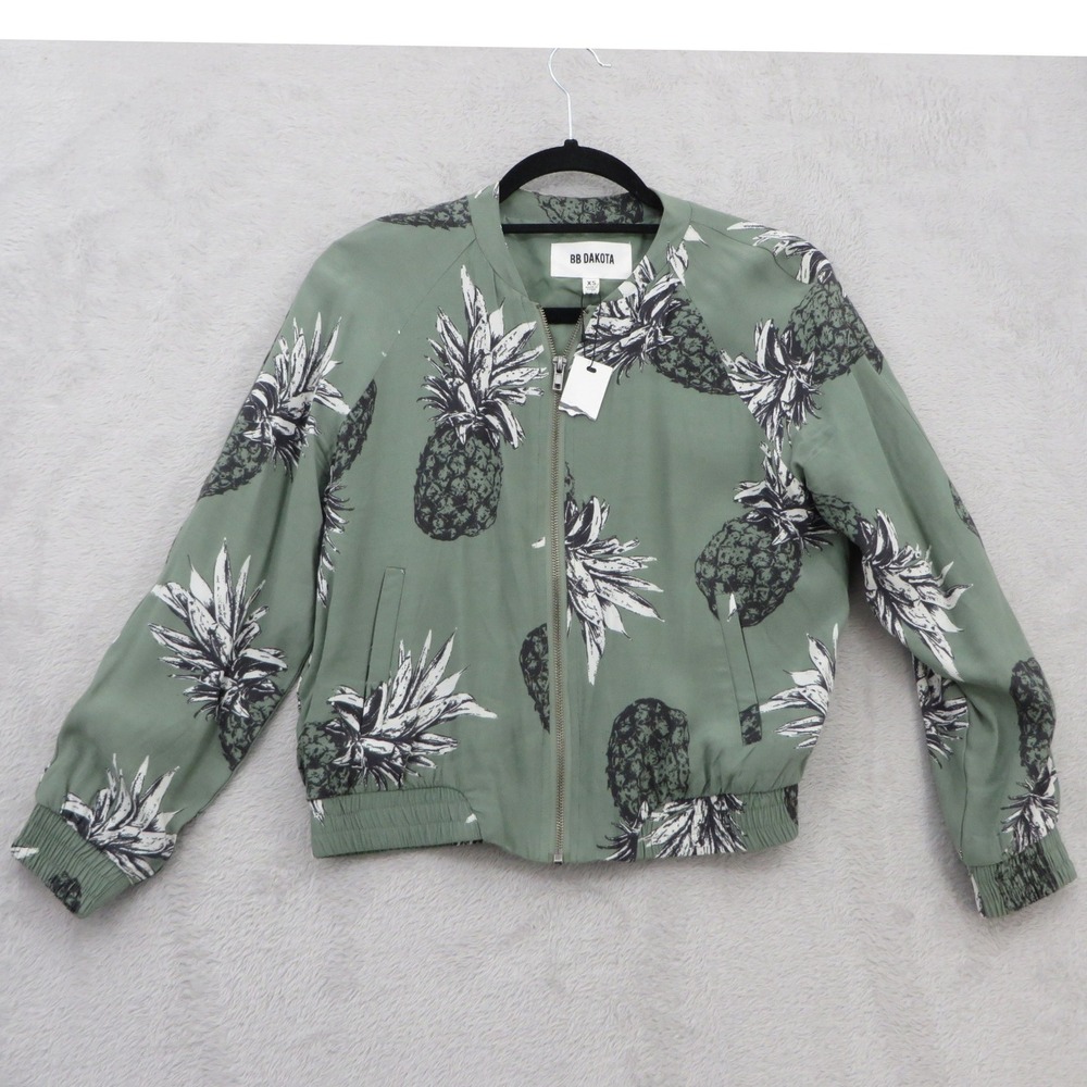 BB Dakota Aylia Pineapple Bomber Jacket Womens XS Green Tropical NWT BIH202242